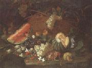 unknow artist Still life of a watermelon,red and white grapes,figs,cherries,mushrooms,a melon,and a basket with vine-leaves,upon a ledge France oil painting artist